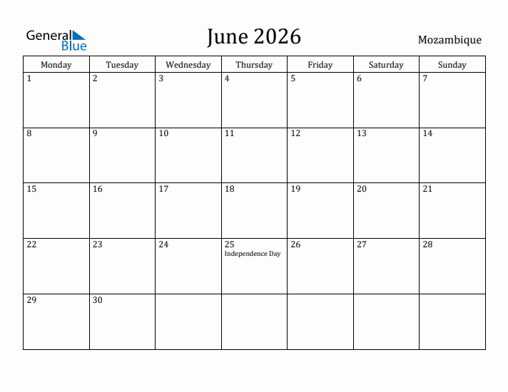 June 2026 Calendar Mozambique