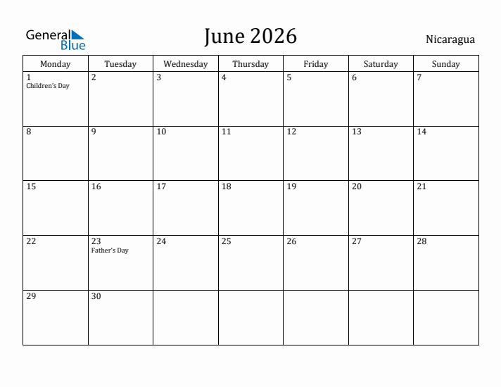 June 2026 Calendar Nicaragua