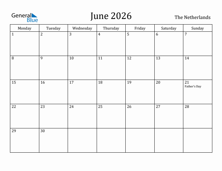 June 2026 Calendar The Netherlands