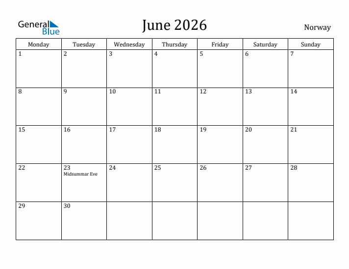 June 2026 Calendar Norway