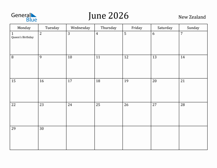 June 2026 Calendar New Zealand