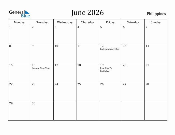 June 2026 Calendar Philippines