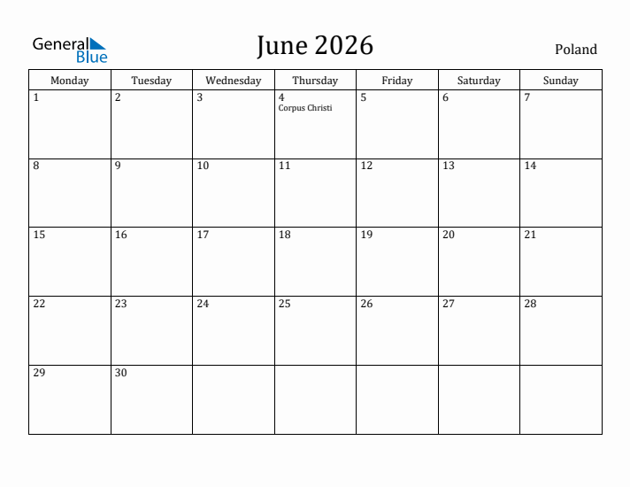 June 2026 Calendar Poland