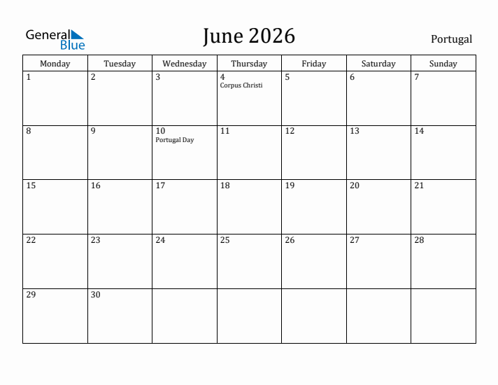 June 2026 Calendar Portugal