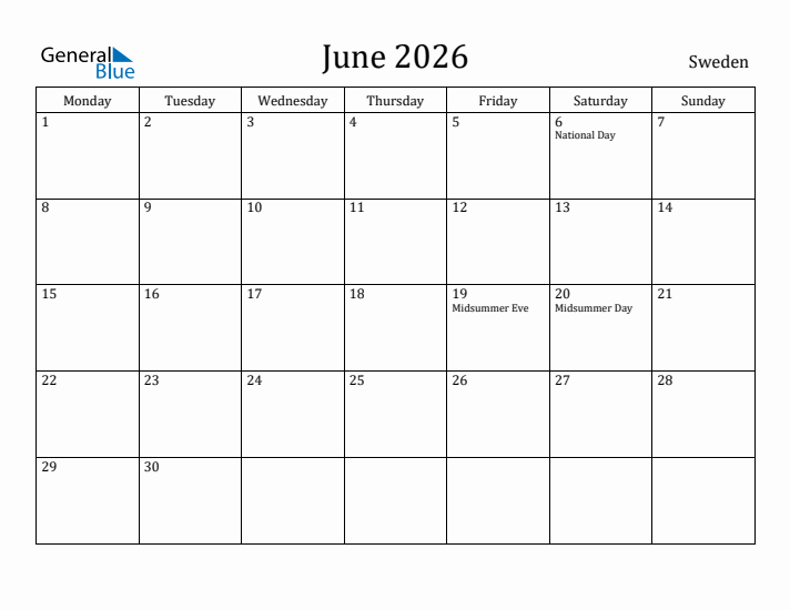 June 2026 Calendar Sweden