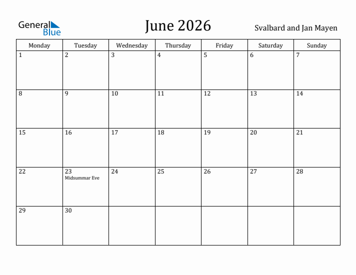 June 2026 Calendar Svalbard and Jan Mayen