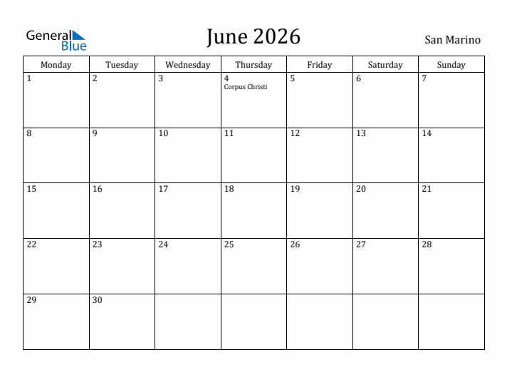 June 2026 Calendar San Marino