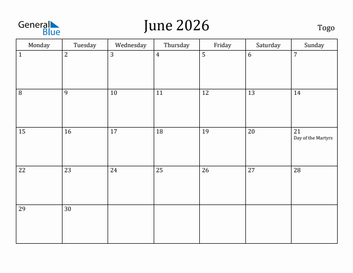 June 2026 Calendar Togo