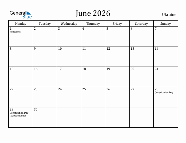 June 2026 Calendar Ukraine