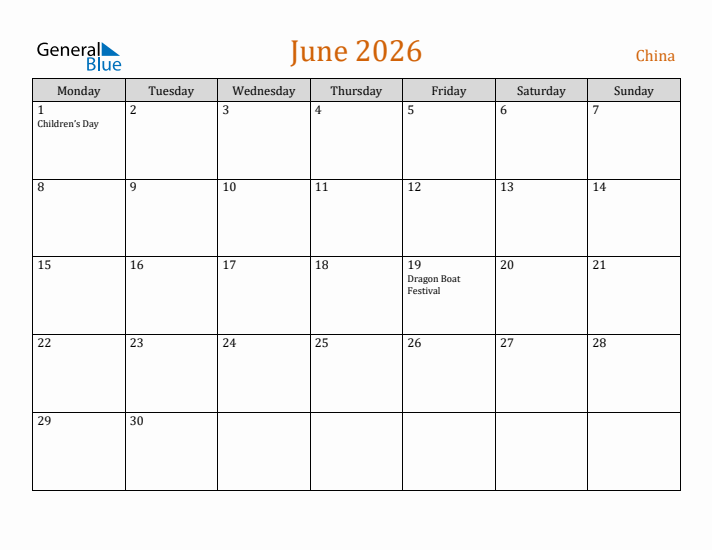 June 2026 Holiday Calendar with Monday Start