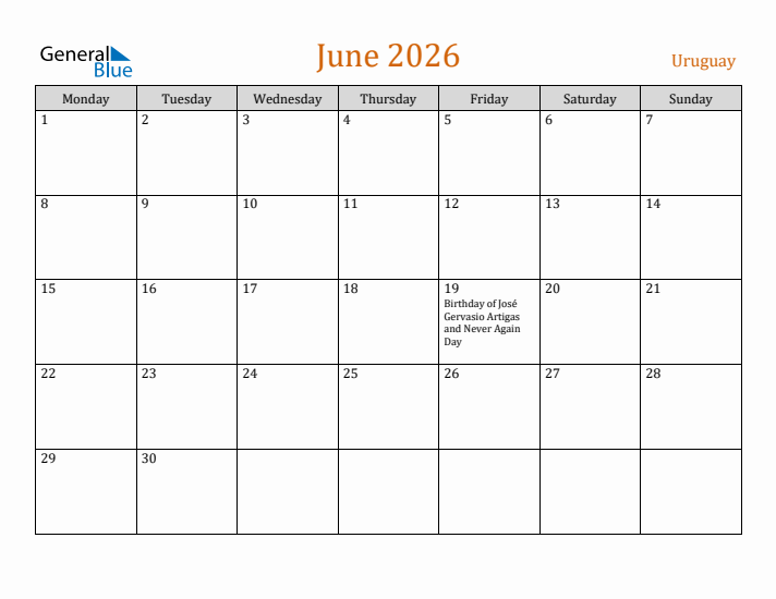 June 2026 Holiday Calendar with Monday Start