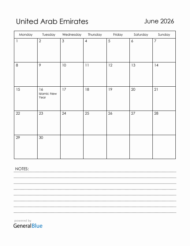 June 2026 United Arab Emirates Calendar with Holidays (Monday Start)