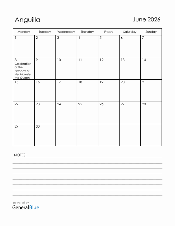 June 2026 Anguilla Calendar with Holidays (Monday Start)