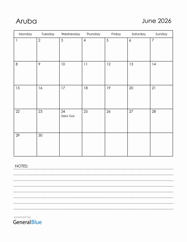 June 2026 Aruba Calendar with Holidays (Monday Start)