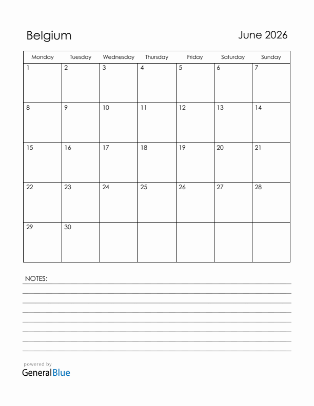 June 2026 Belgium Calendar with Holidays (Monday Start)