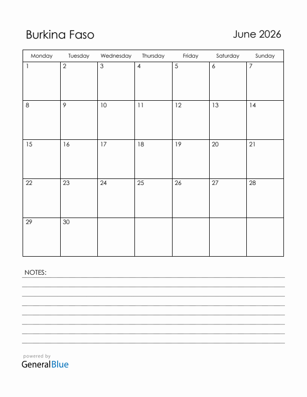 June 2026 Burkina Faso Calendar with Holidays (Monday Start)