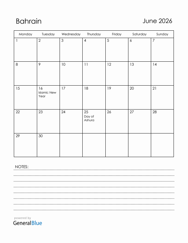 June 2026 Bahrain Calendar with Holidays (Monday Start)