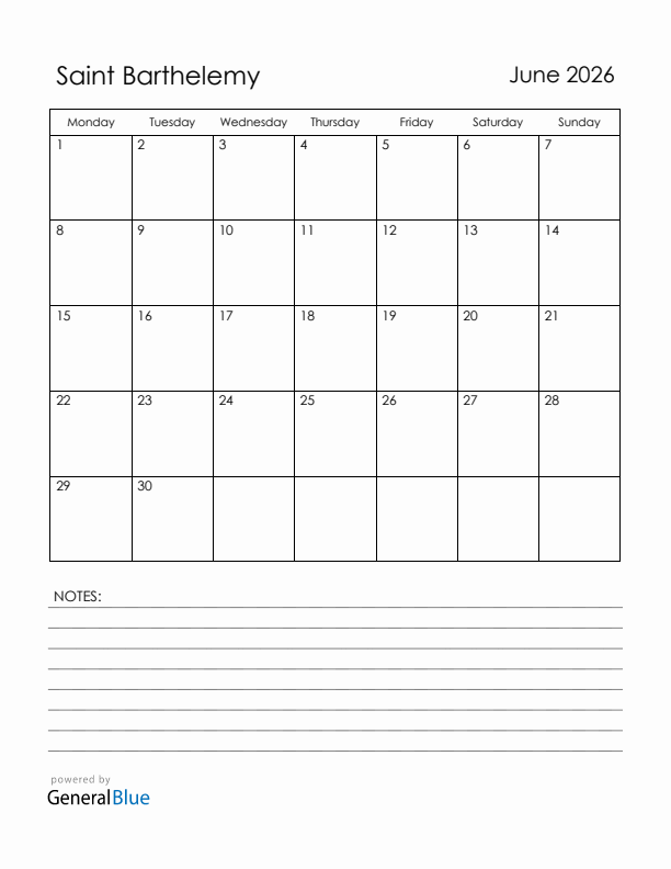 June 2026 Saint Barthelemy Calendar with Holidays (Monday Start)