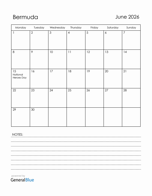 June 2026 Bermuda Calendar with Holidays (Monday Start)