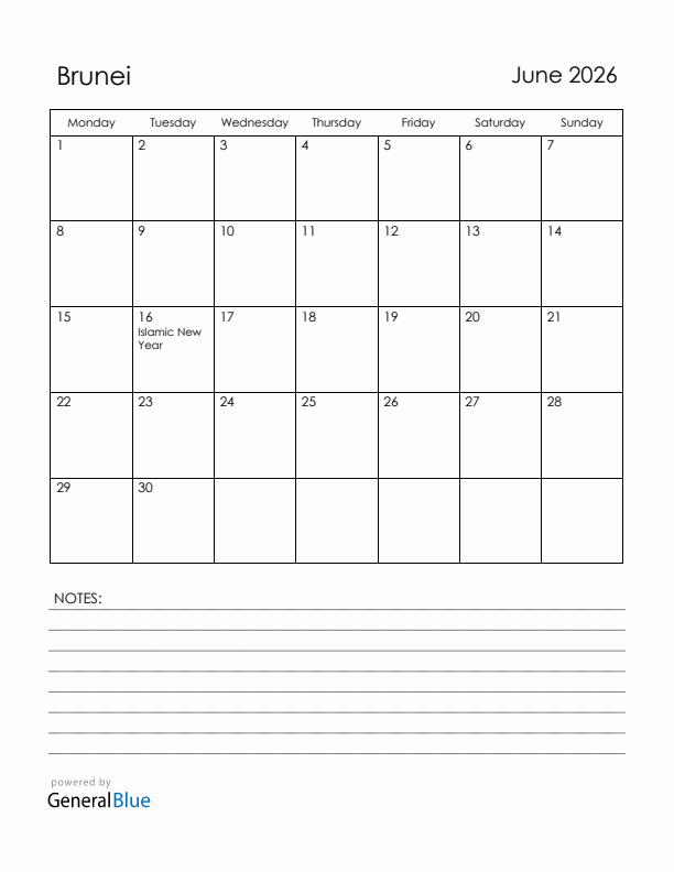 June 2026 Brunei Calendar with Holidays (Monday Start)