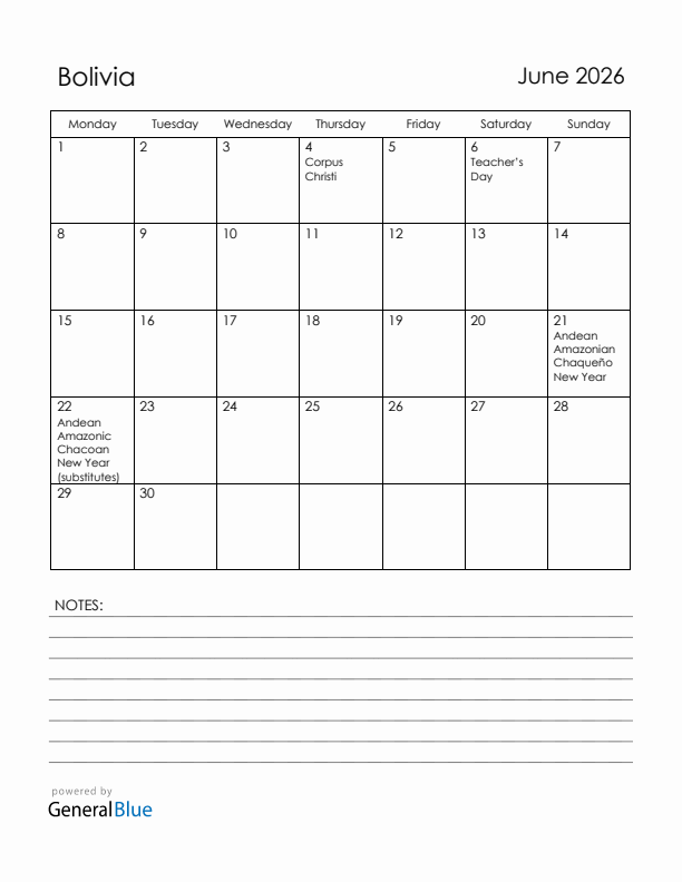 June 2026 Bolivia Calendar with Holidays (Monday Start)