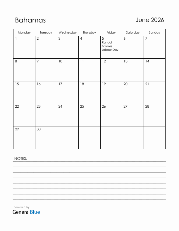 June 2026 Bahamas Calendar with Holidays (Monday Start)