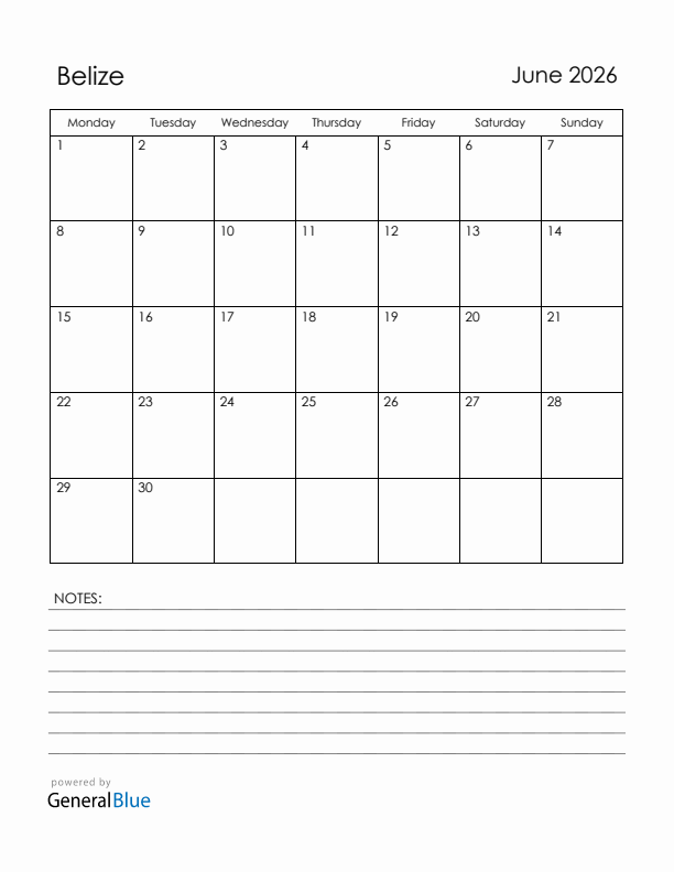 June 2026 Belize Calendar with Holidays (Monday Start)