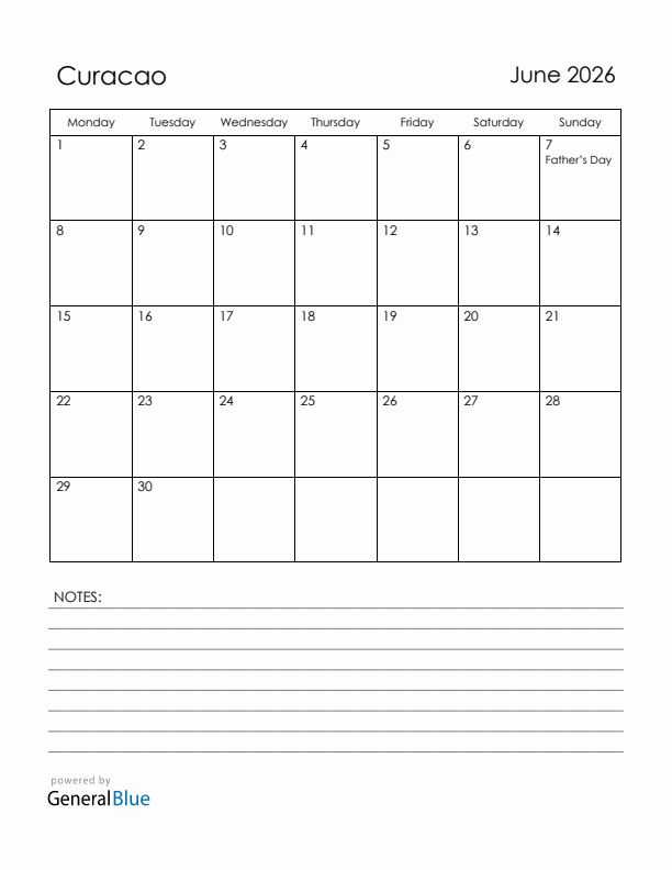 June 2026 Curacao Calendar with Holidays (Monday Start)