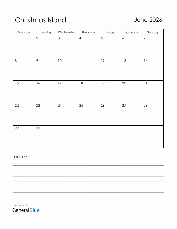 June 2026 Christmas Island Calendar with Holidays (Monday Start)