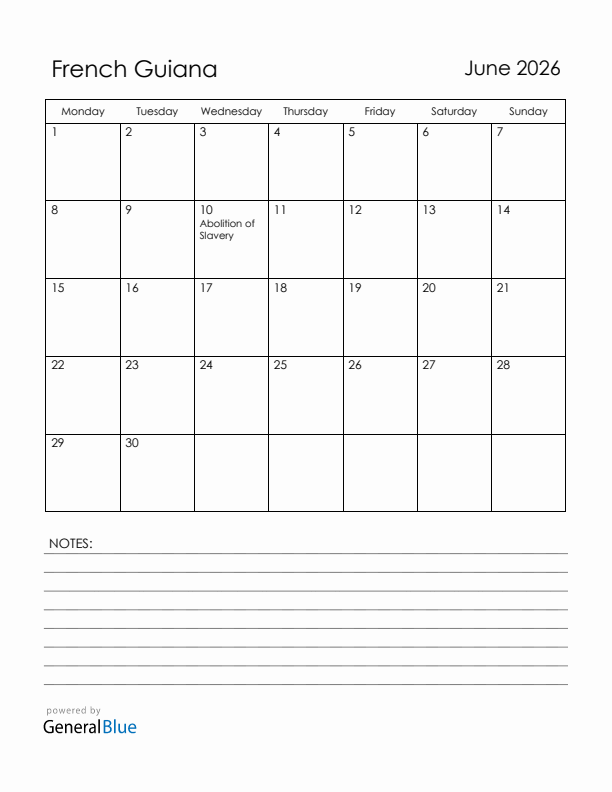 June 2026 French Guiana Calendar with Holidays (Monday Start)