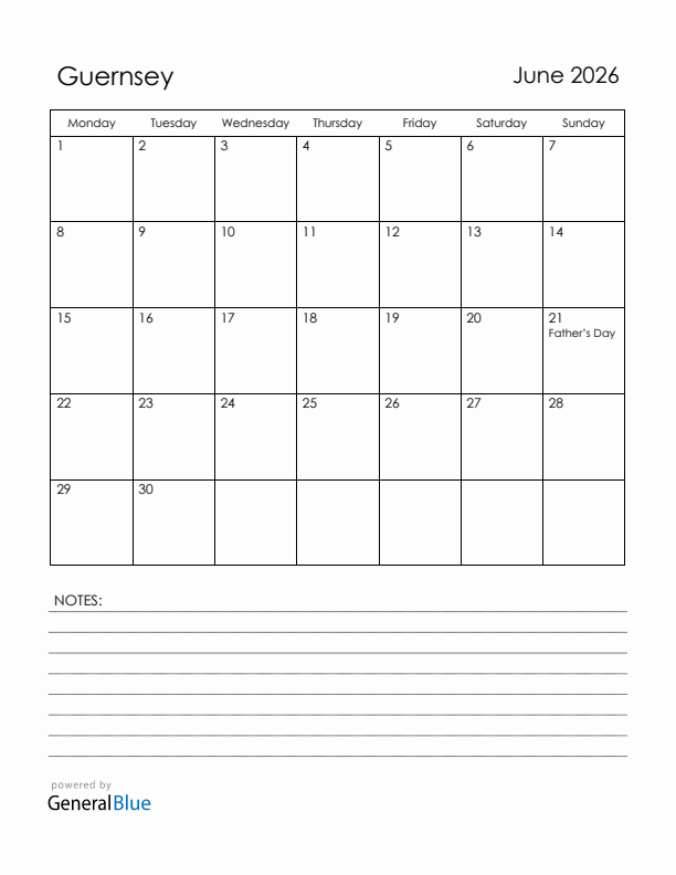 June 2026 Guernsey Calendar with Holidays (Monday Start)