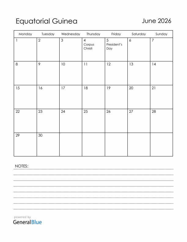 June 2026 Equatorial Guinea Calendar with Holidays (Monday Start)