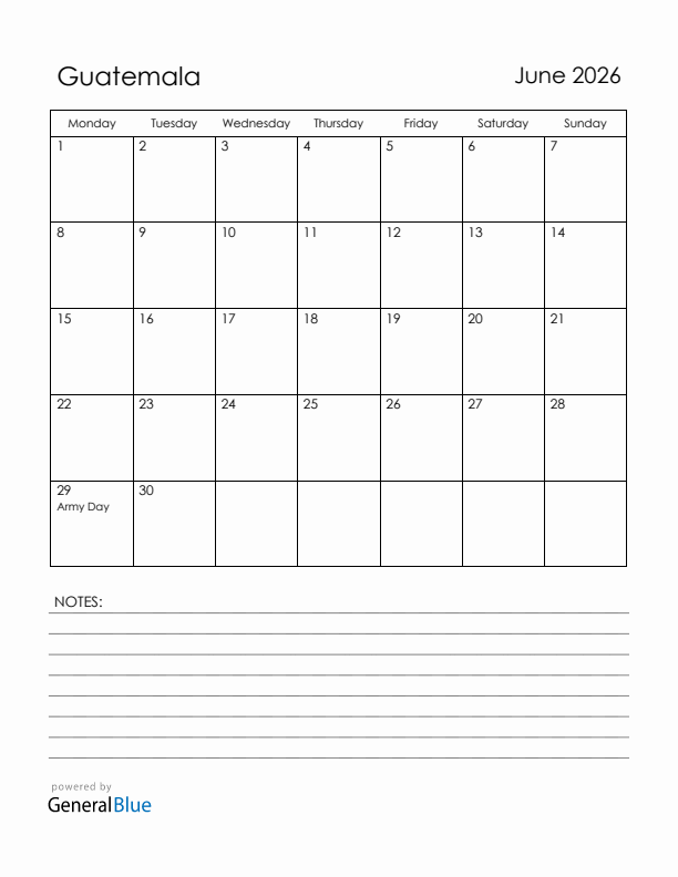 June 2026 Guatemala Calendar with Holidays (Monday Start)