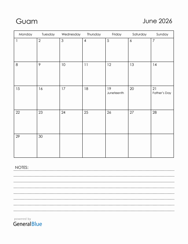 June 2026 Guam Calendar with Holidays (Monday Start)