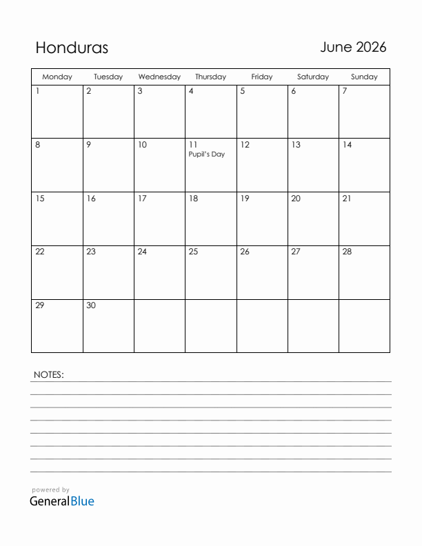 June 2026 Honduras Calendar with Holidays (Monday Start)