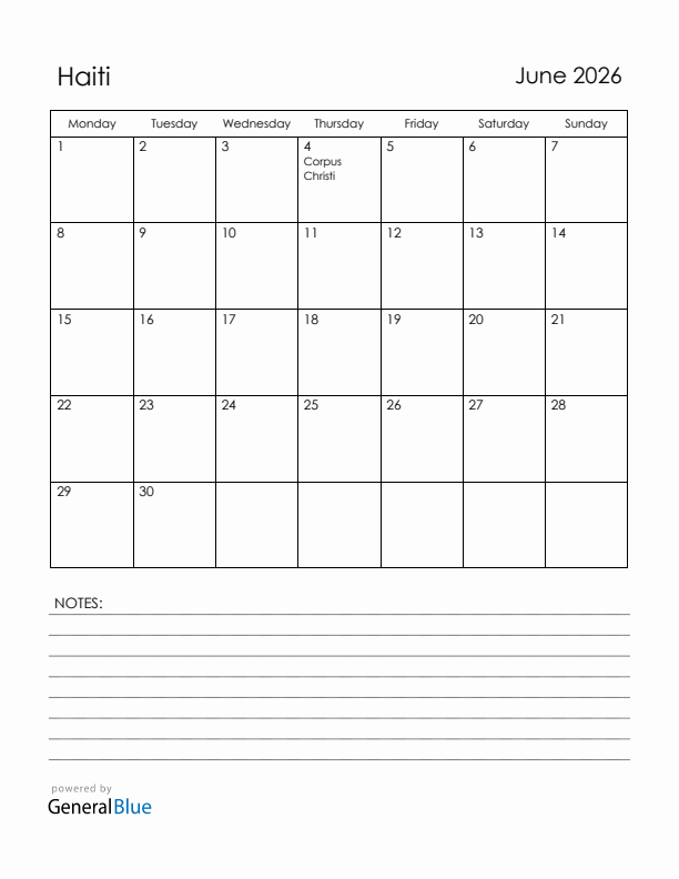 June 2026 Haiti Calendar with Holidays (Monday Start)