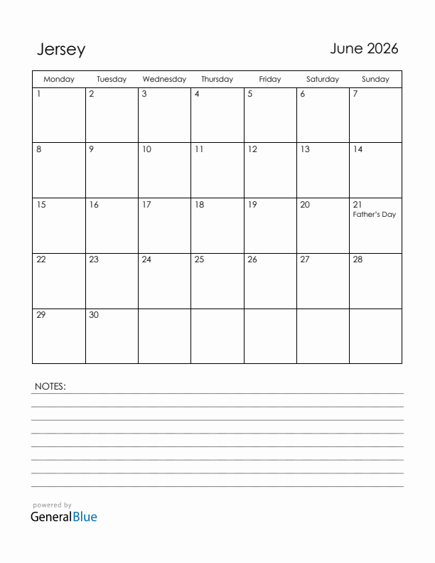 June 2026 Jersey Calendar with Holidays (Monday Start)