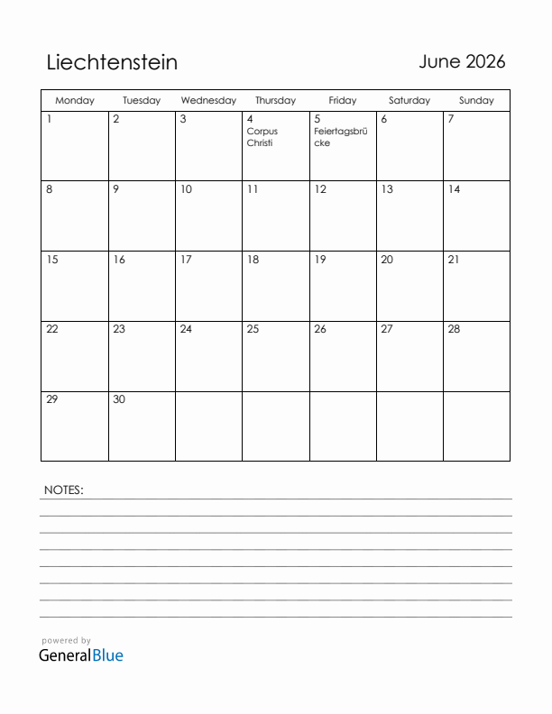 June 2026 Liechtenstein Calendar with Holidays (Monday Start)