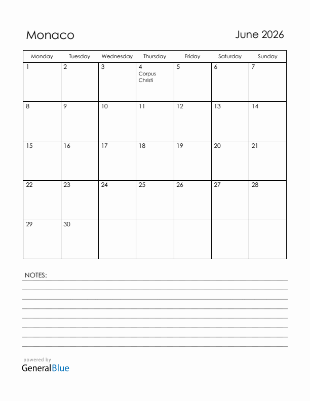 June 2026 Monaco Calendar with Holidays (Monday Start)