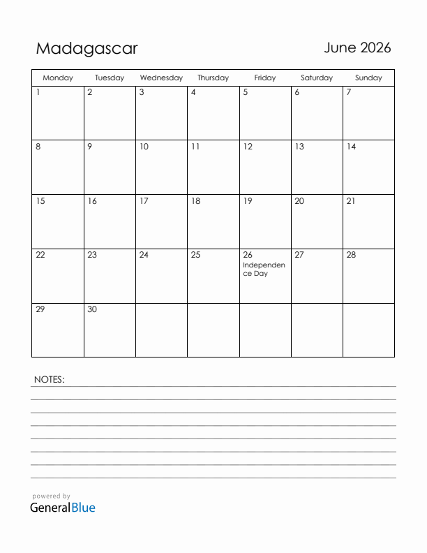 June 2026 Madagascar Calendar with Holidays (Monday Start)