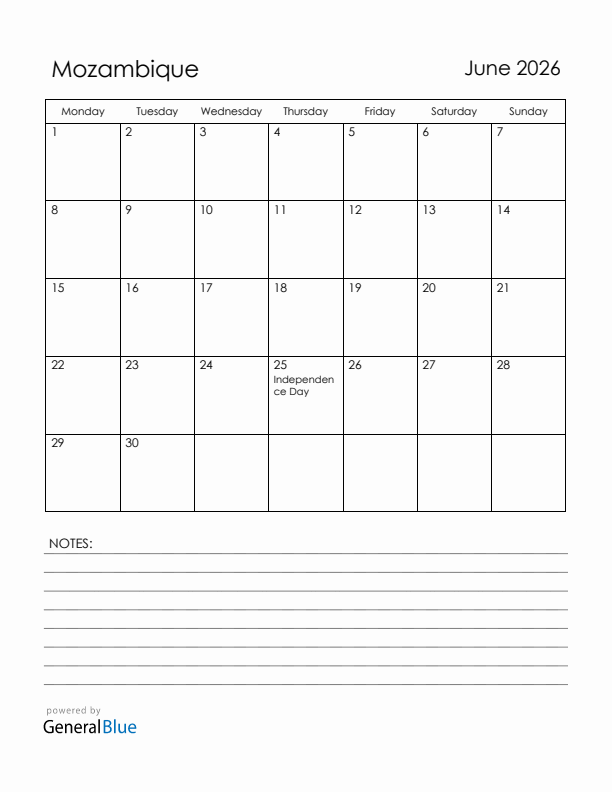 June 2026 Mozambique Calendar with Holidays (Monday Start)