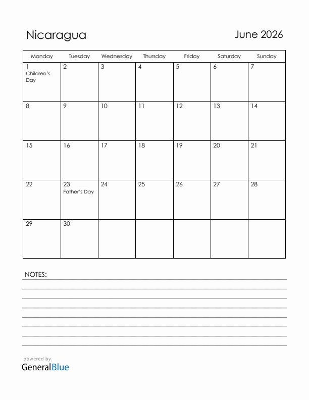 June 2026 Nicaragua Calendar with Holidays (Monday Start)