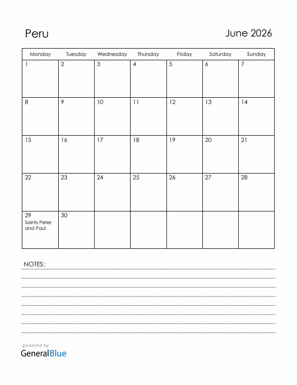 June 2026 Peru Calendar with Holidays (Monday Start)