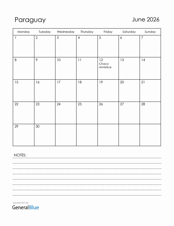 June 2026 Paraguay Calendar with Holidays (Monday Start)