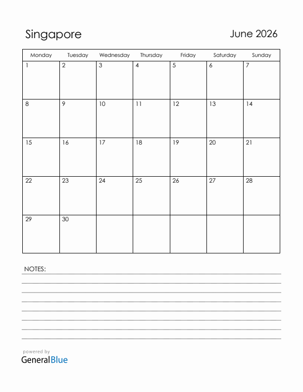June 2026 Singapore Calendar with Holidays (Monday Start)