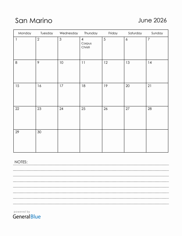 June 2026 San Marino Calendar with Holidays (Monday Start)