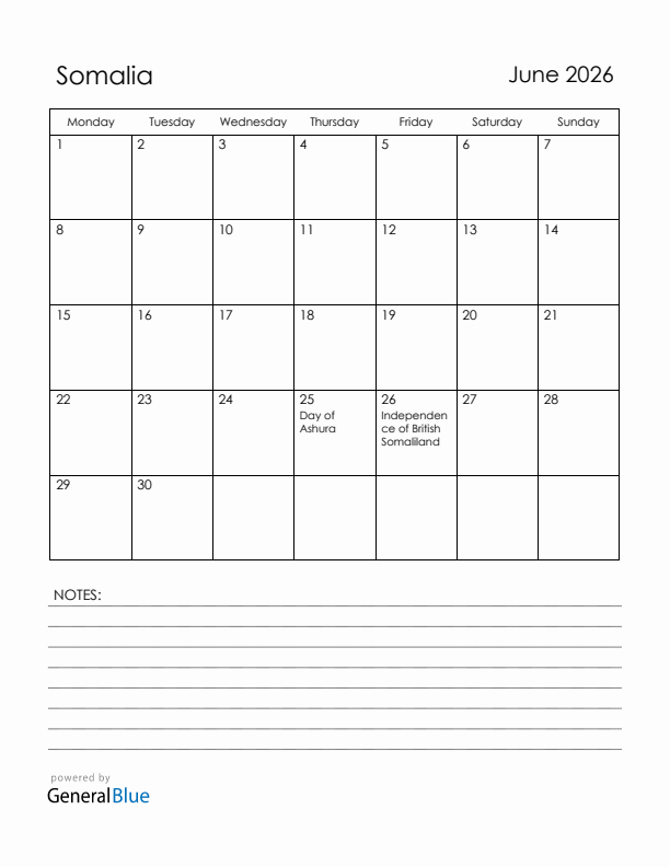 June 2026 Somalia Calendar with Holidays (Monday Start)