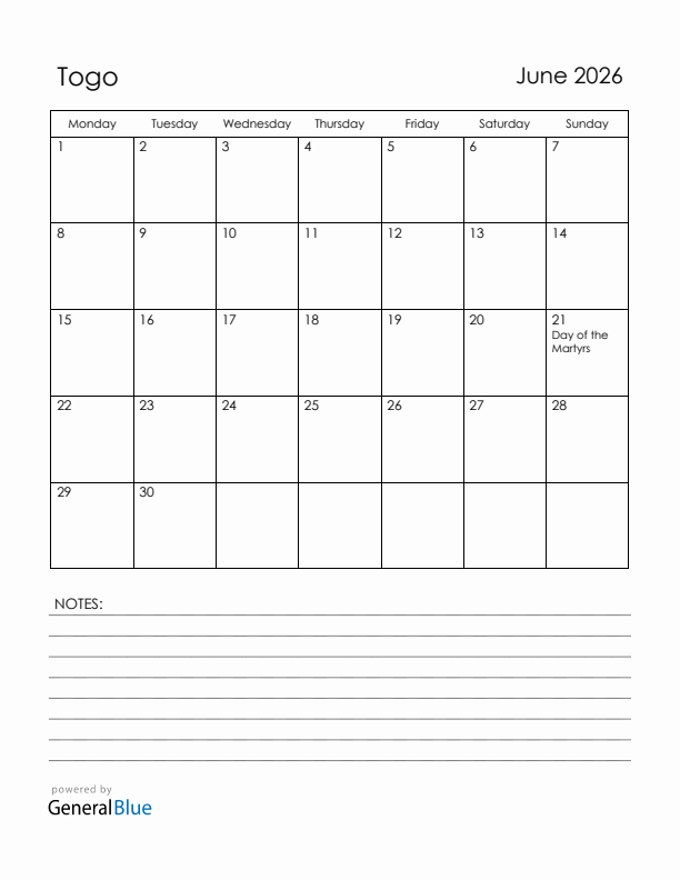 June 2026 Togo Calendar with Holidays (Monday Start)