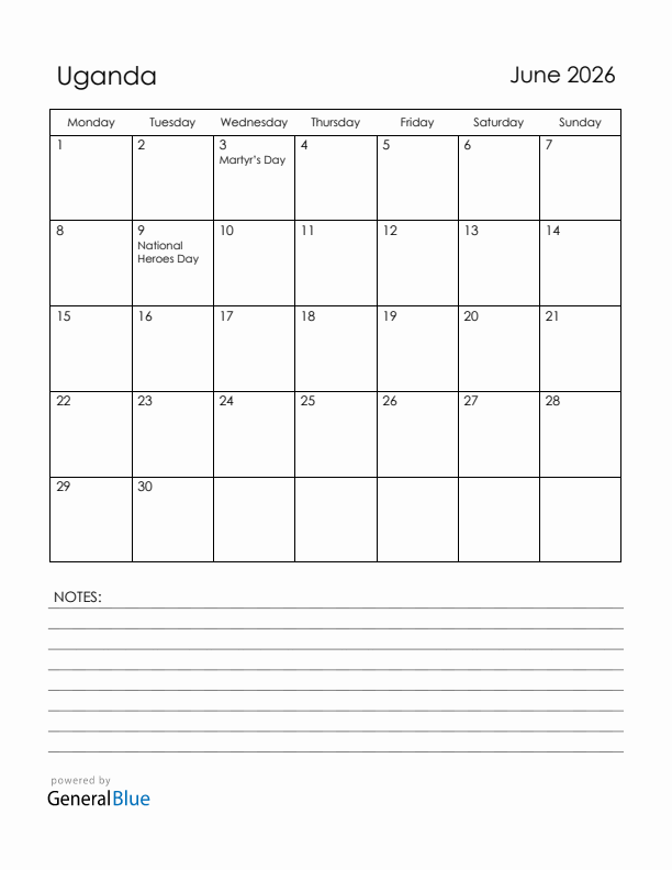 June 2026 Uganda Calendar with Holidays (Monday Start)