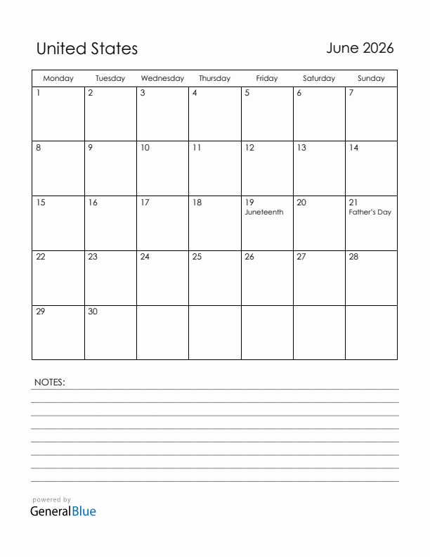 June 2026 United States Calendar with Holidays (Monday Start)